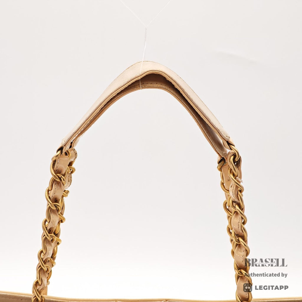 CHANEL CC Logo Punching Chain Tote Bag Beige Patent Leather 【ImportFeeFREE】