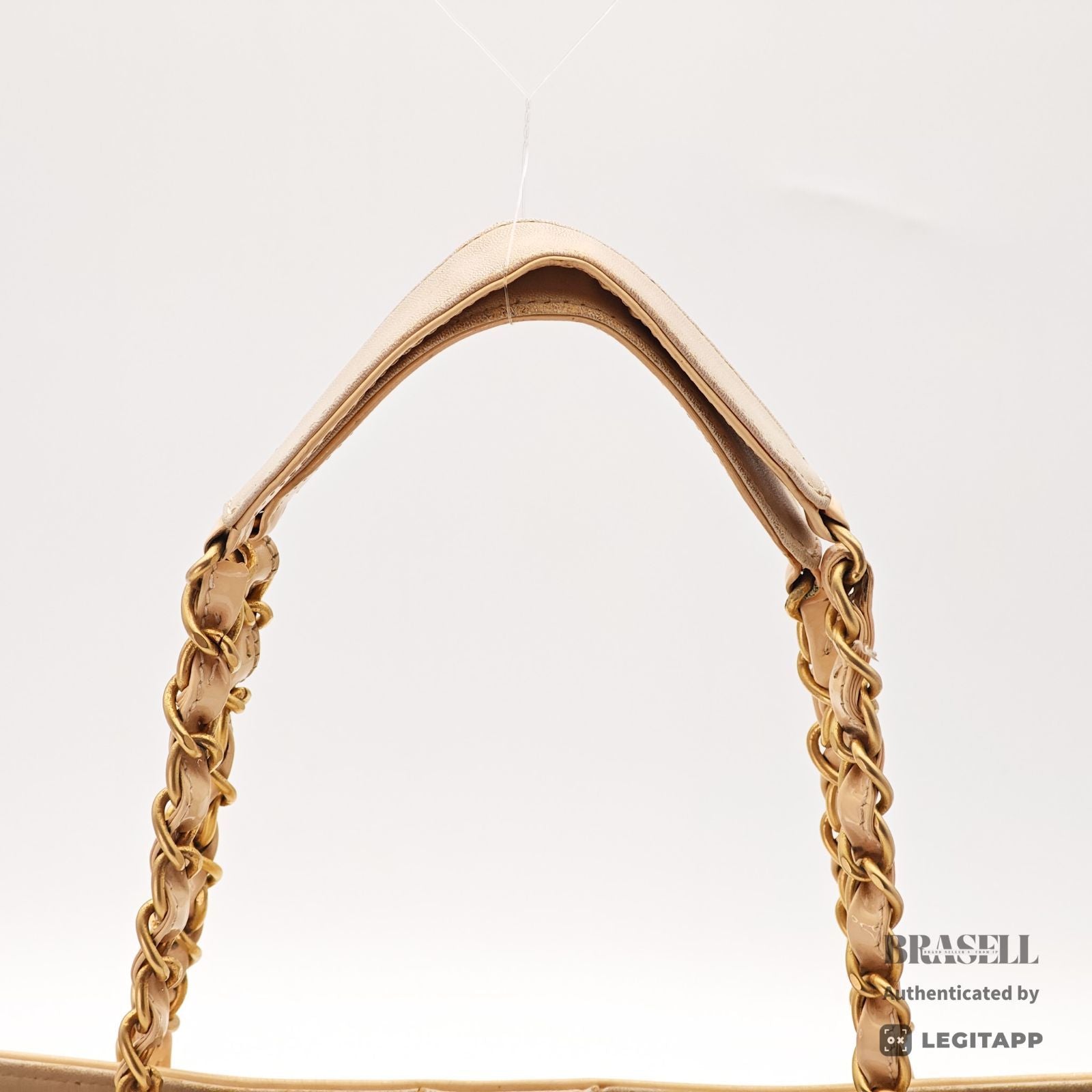CHANEL CC Logo Punching Chain Tote Bag Beige Patent Leather 【ImportFeeFREE】