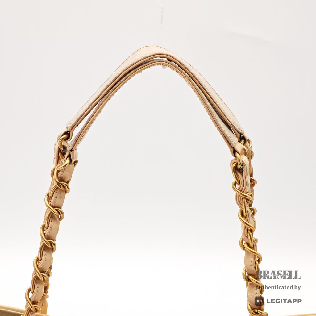 CHANEL CC Logo Punching Chain Tote Bag Beige Patent Leather 【ImportFeeFREE】