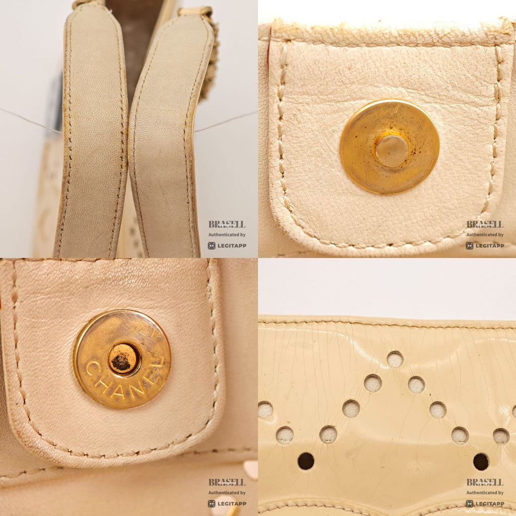 CHANEL CC Logo Punching Chain Tote Bag Beige Patent Leather 【ImportFeeFREE】