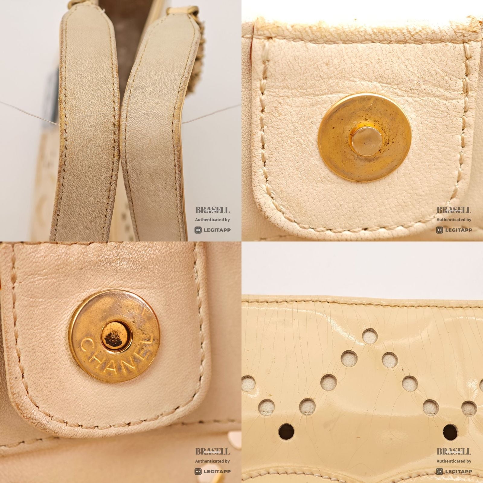CHANEL CC Logo Punching Chain Tote Bag Beige Patent Leather 【ImportFeeFREE】