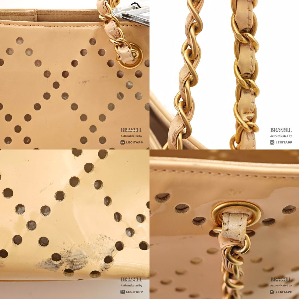 CHANEL CC Logo Punching Chain Tote Bag Beige Patent Leather 【ImportFeeFREE】