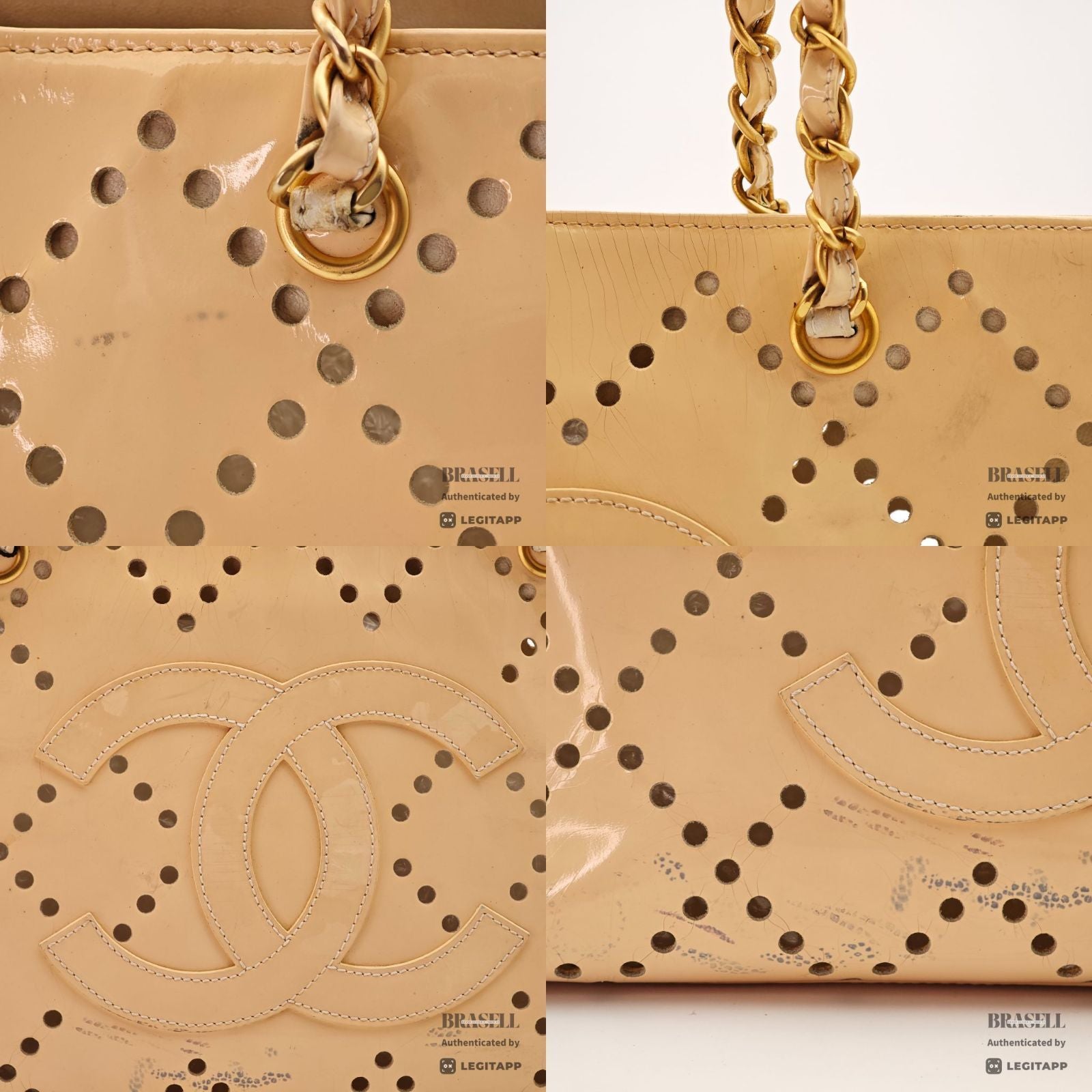 CHANEL CC Logo Punching Chain Tote Bag Beige Patent Leather 【ImportFeeFREE】