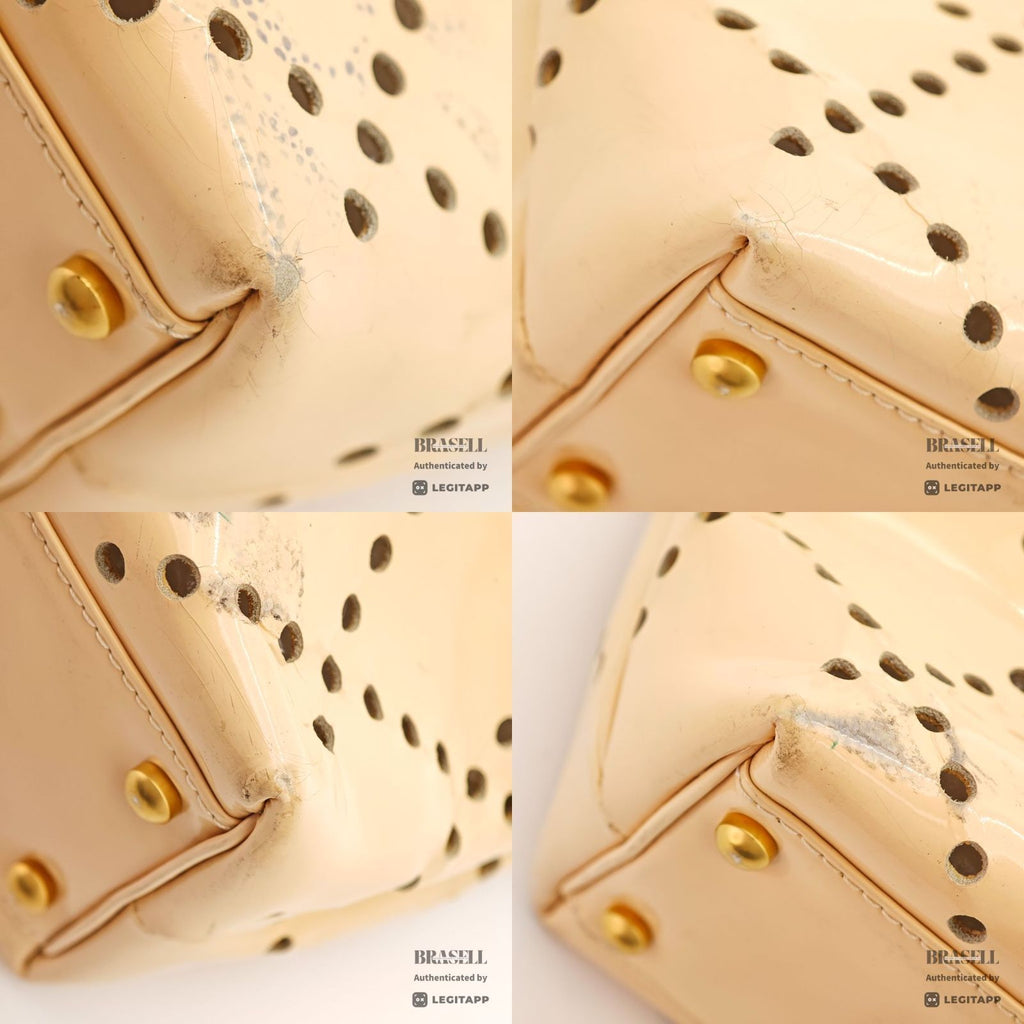 CHANEL CC Logo Punching Chain Tote Bag Beige Patent Leather 【ImportFeeFREE】