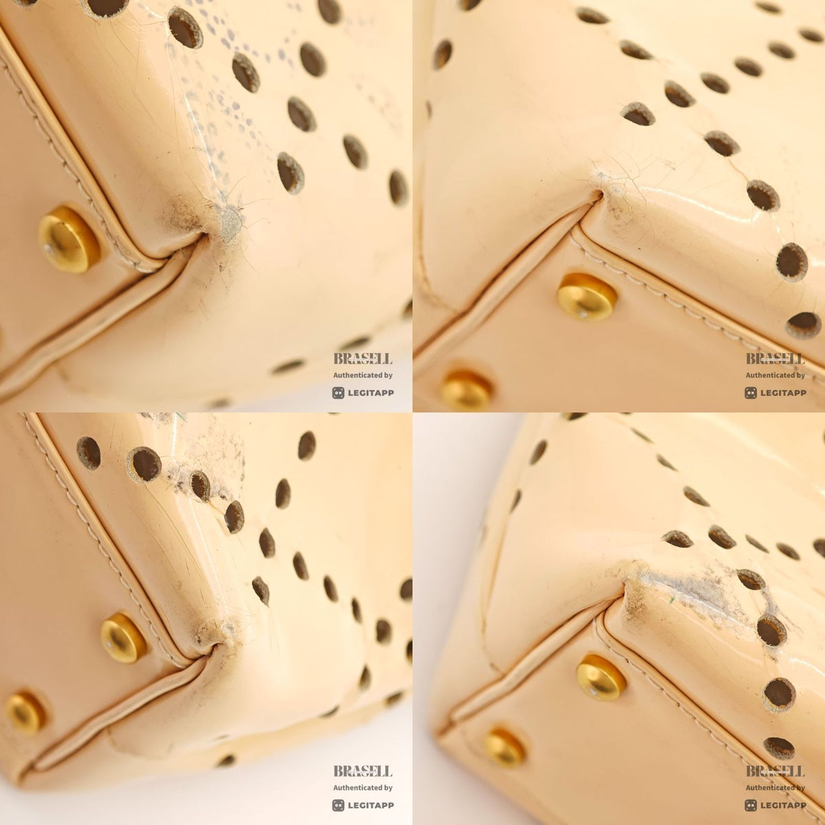 CHANEL CC Logo Punching Chain Tote Bag Beige Patent Leather 【ImportFeeFREE】
