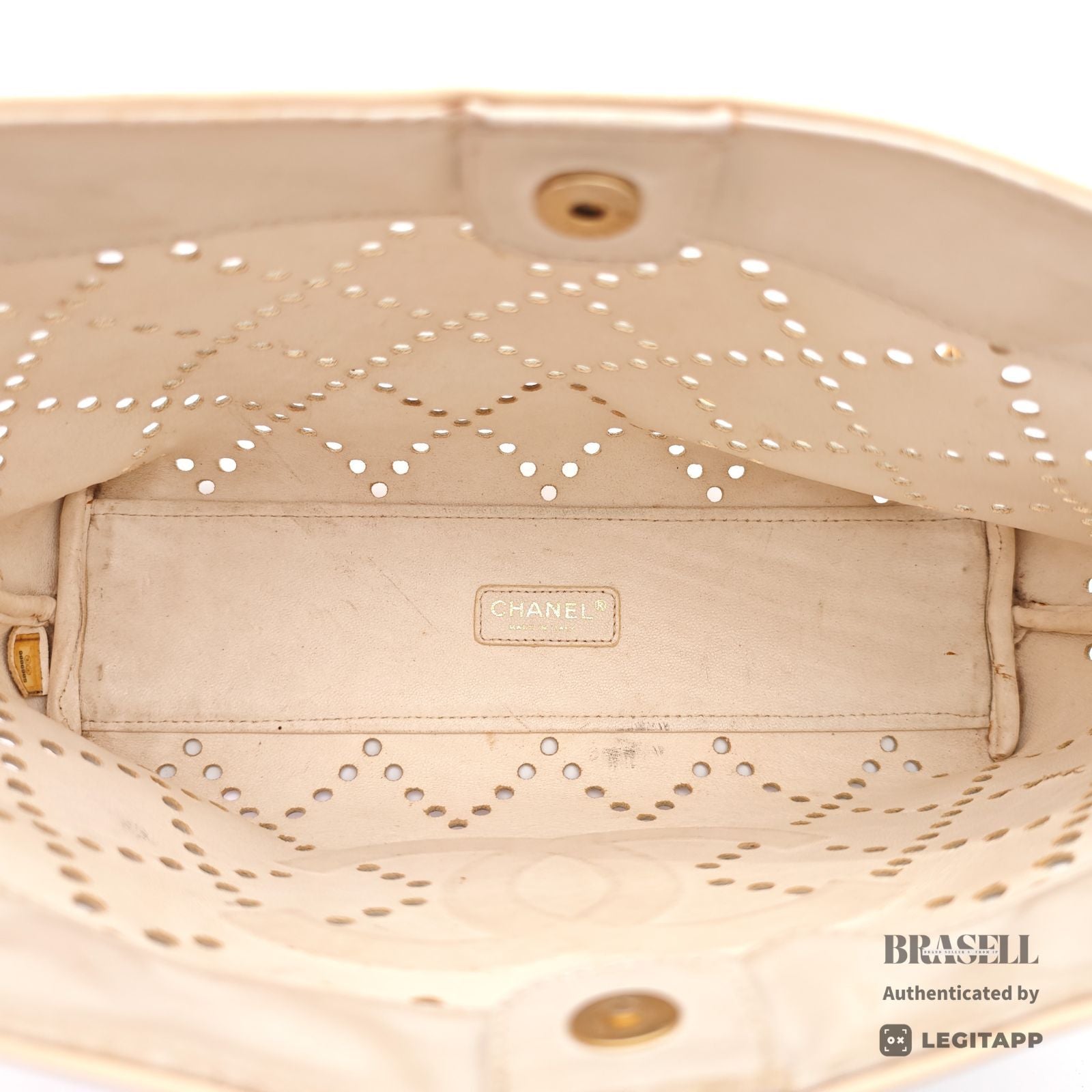 CHANEL CC Logo Punching Chain Tote Bag Beige Patent Leather 【ImportFeeFREE】