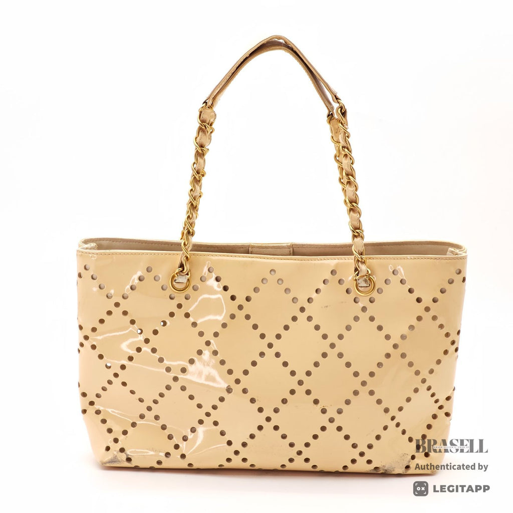 CHANEL CC Logo Punching Chain Tote Bag Beige Patent Leather 【ImportFeeFREE】