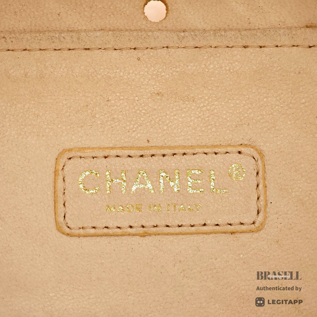 CHANEL CC Logo Punching Chain Tote Bag Beige Patent Leather 【ImportFeeFREE】