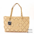 CHANEL CC Logo Punching Chain Tote Bag Beige Patent Leather 【ImportFeeFREE】