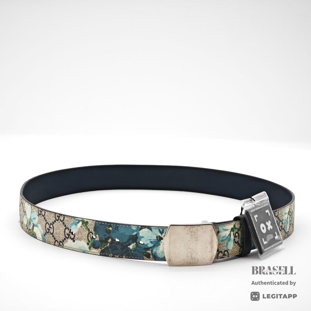 GUCCI GG Supreme Blooms Belt 546375 Floral Navy Leather 【ImportFeeFREE】