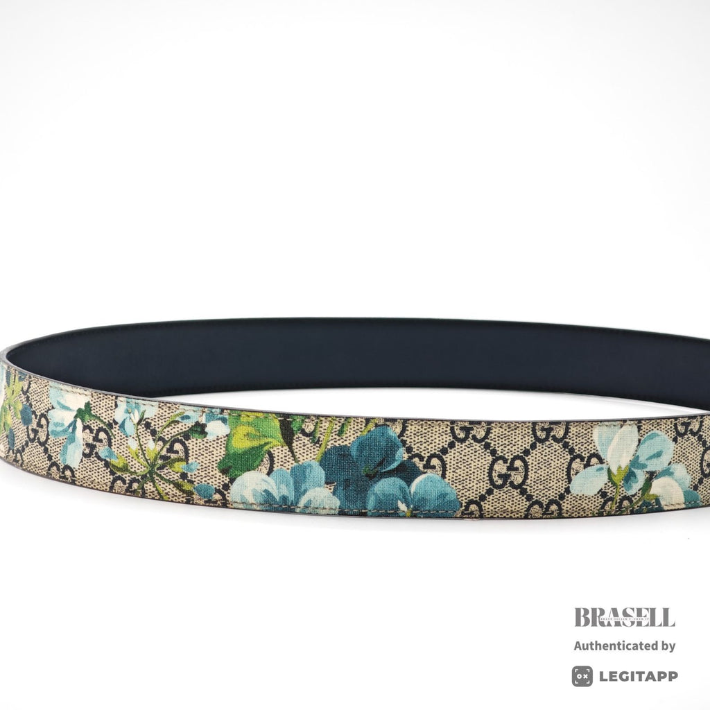 GUCCI GG Supreme Blooms Belt 546375 Floral Navy Leather 【ImportFeeFREE】