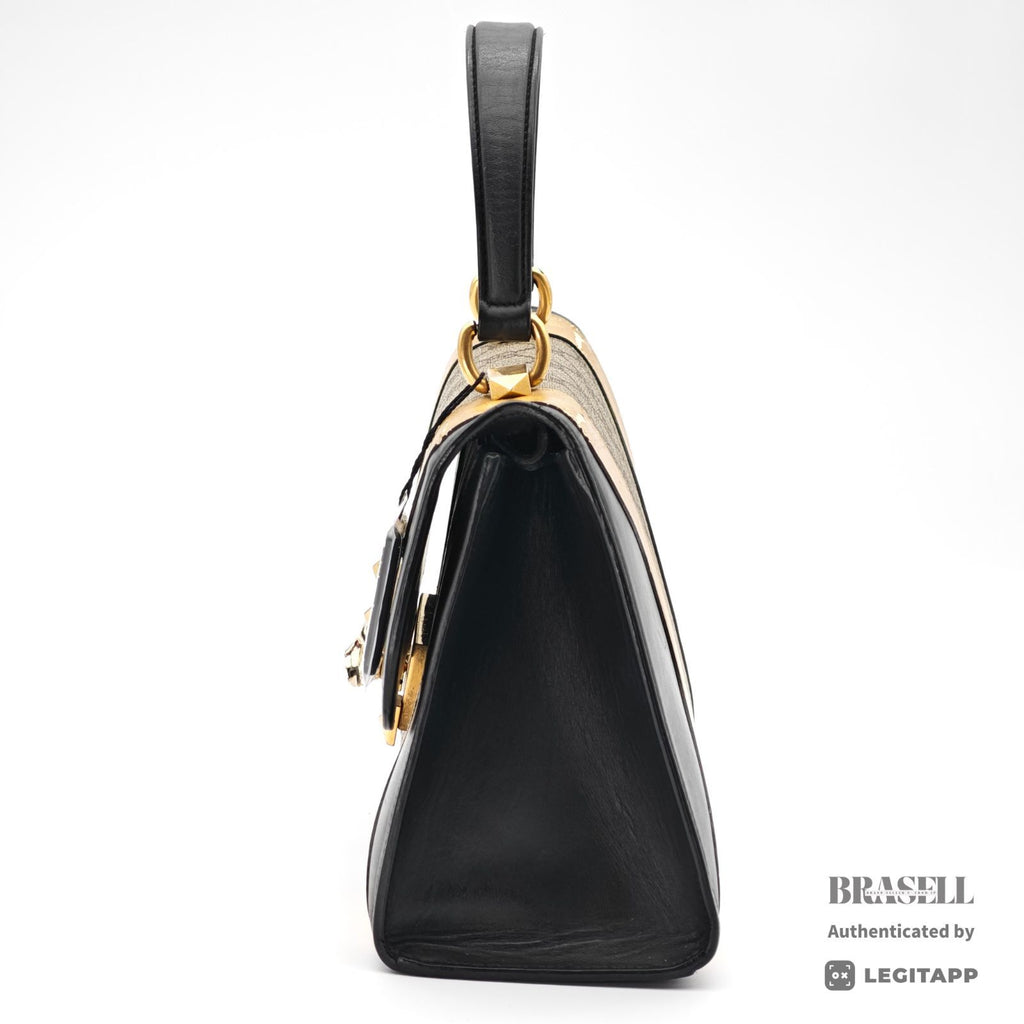 GUCCI Tiger Head Handbag 497996 Black Gold Beige Top Handle【ImportFeeFREE】