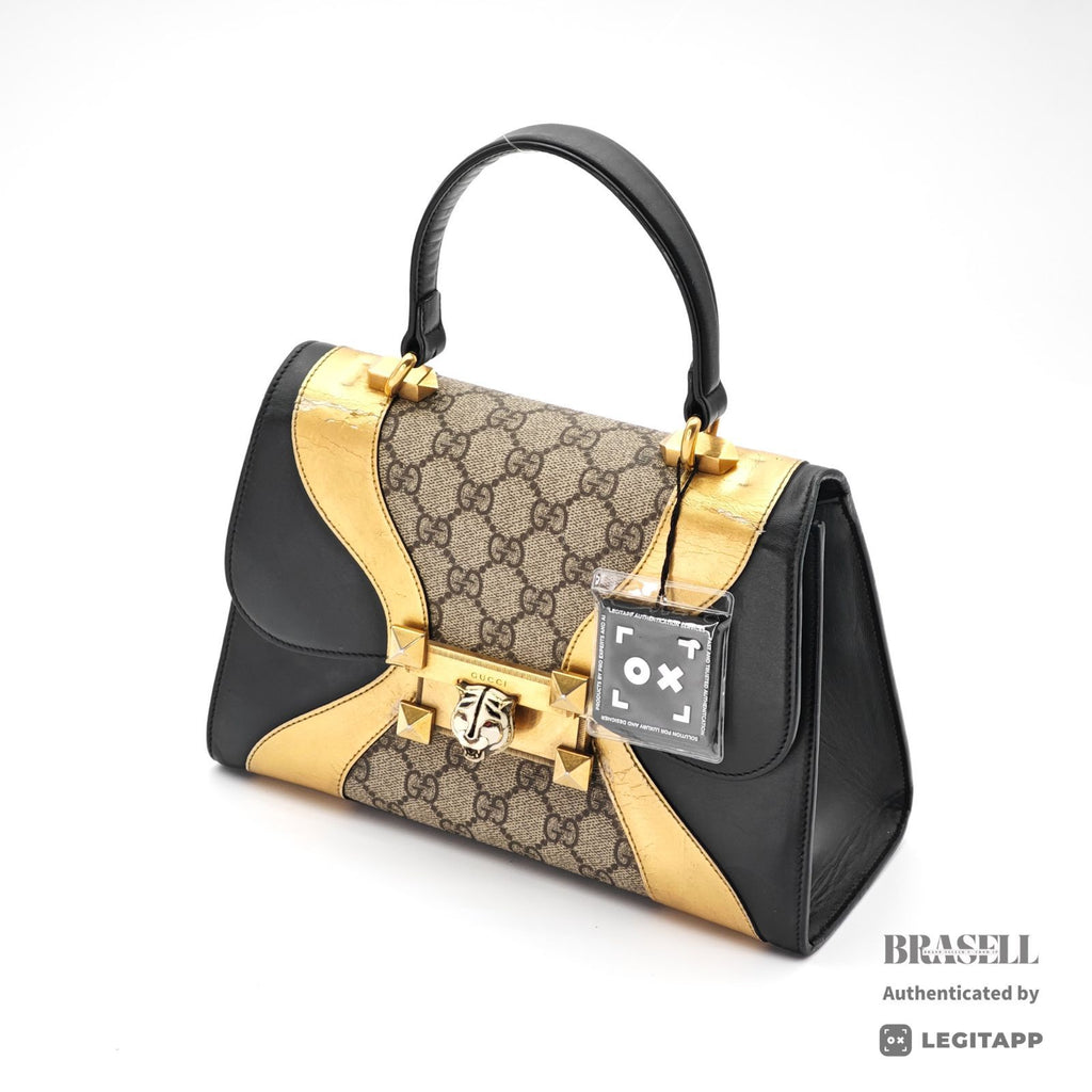 GUCCI Tiger Head Handbag 497996 Black Gold Beige Top Handle【ImportFeeFREE】