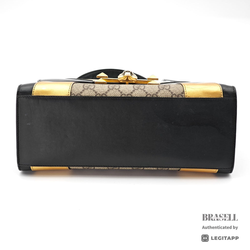 GUCCI Tiger Head Handbag 497996 Black Gold Beige Top Handle【ImportFeeFREE】