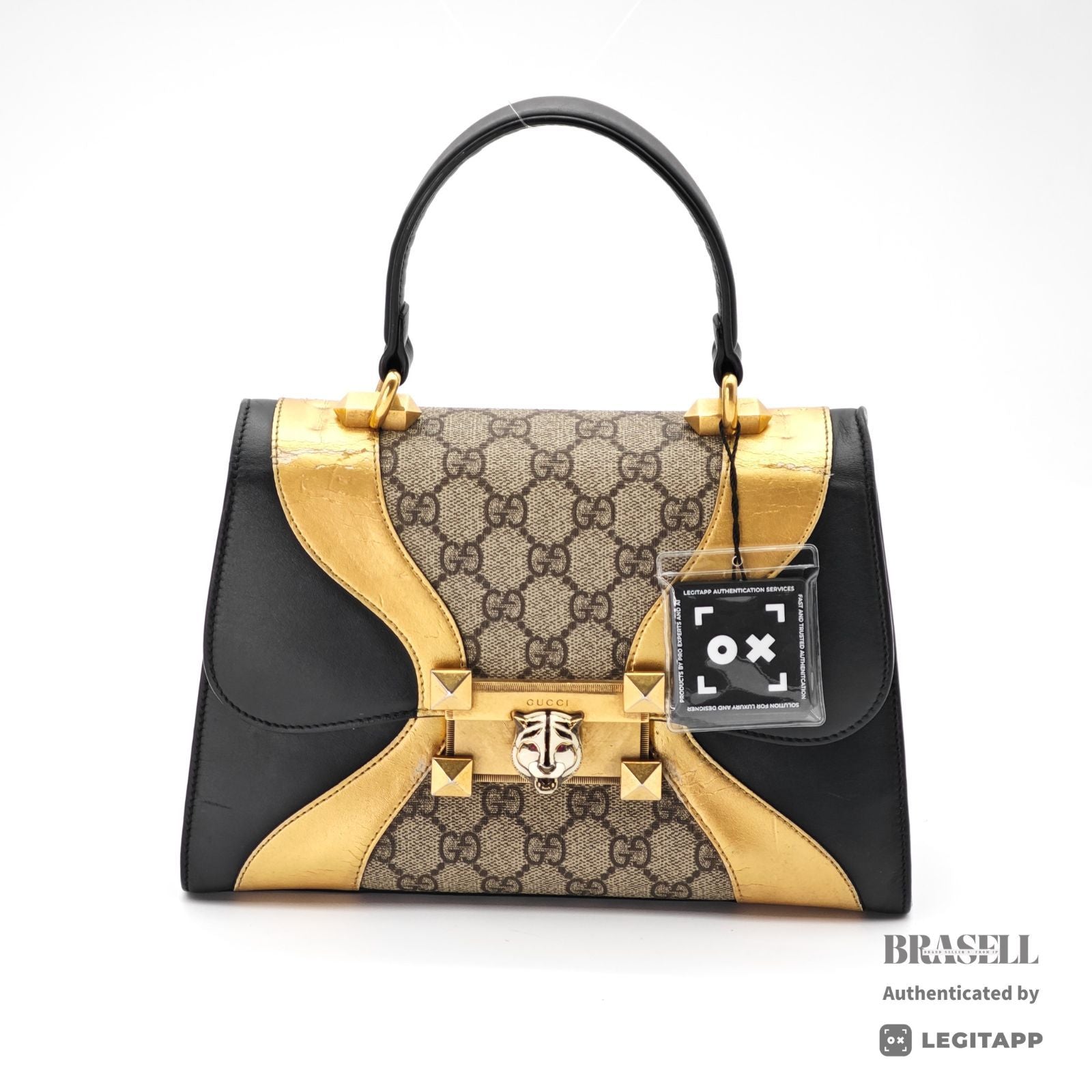 GUCCI Tiger Head Handbag 497996 Black Gold Beige Top Handle【ImportFeeFREE】
