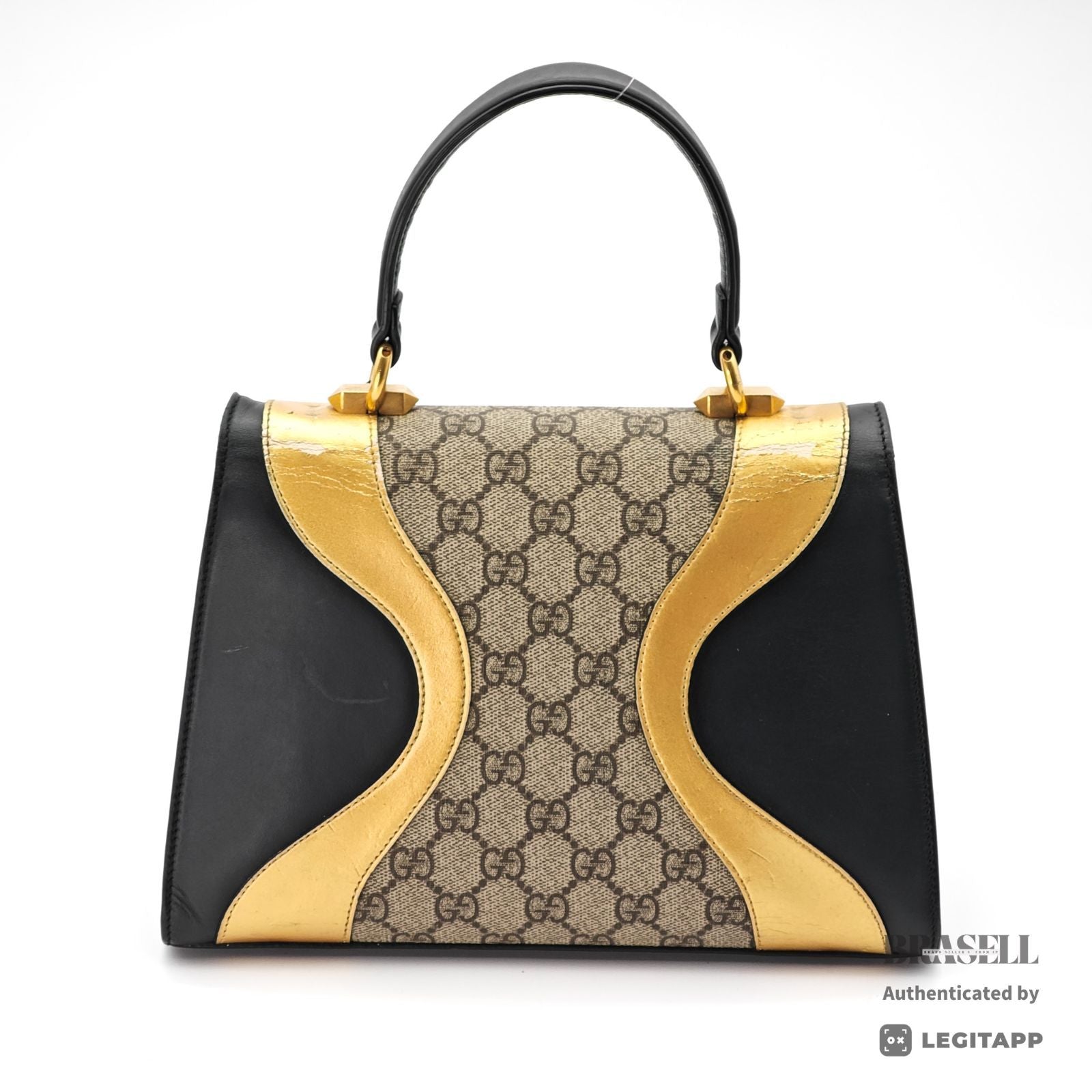 GUCCI Tiger Head Handbag 497996 Black Gold Beige Top Handle【ImportFeeFREE】