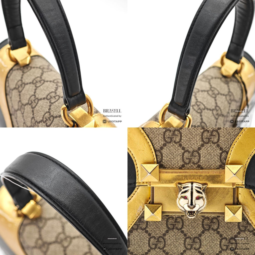 GUCCI Tiger Head Handbag 497996 Black Gold Beige Top Handle【ImportFeeFREE】