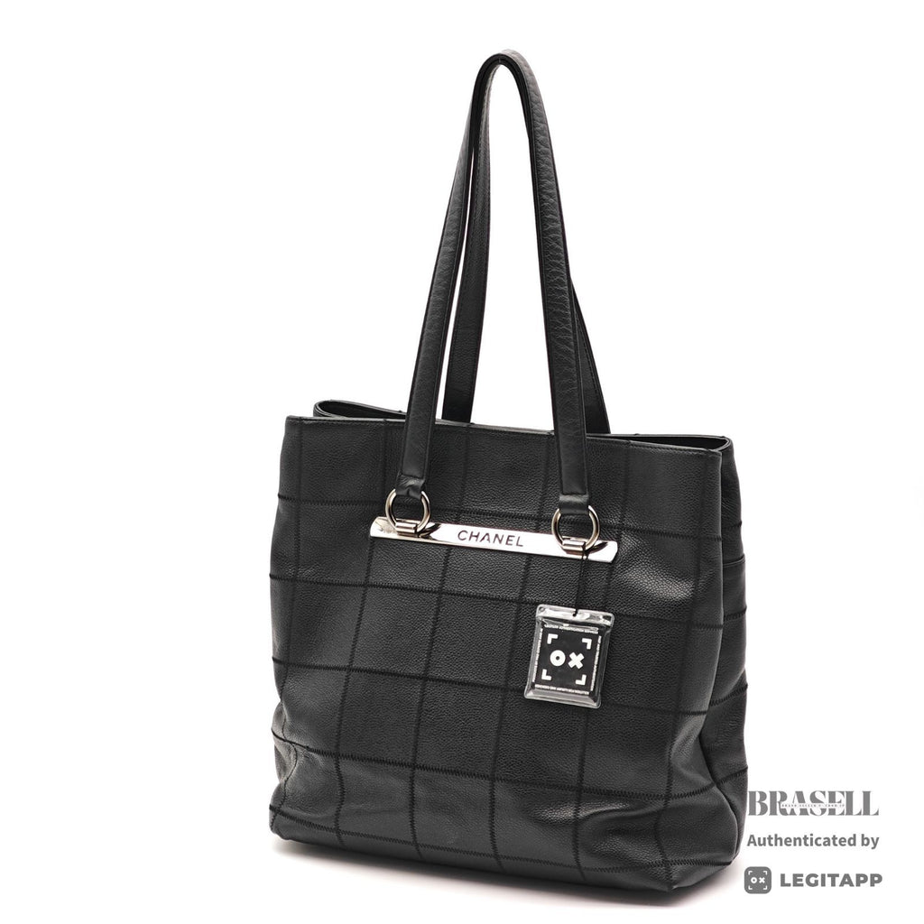 CHANEL Chocolate Bar Calfskin Shoulder Tote Hand Bag Black 【ImportFeeFREE】