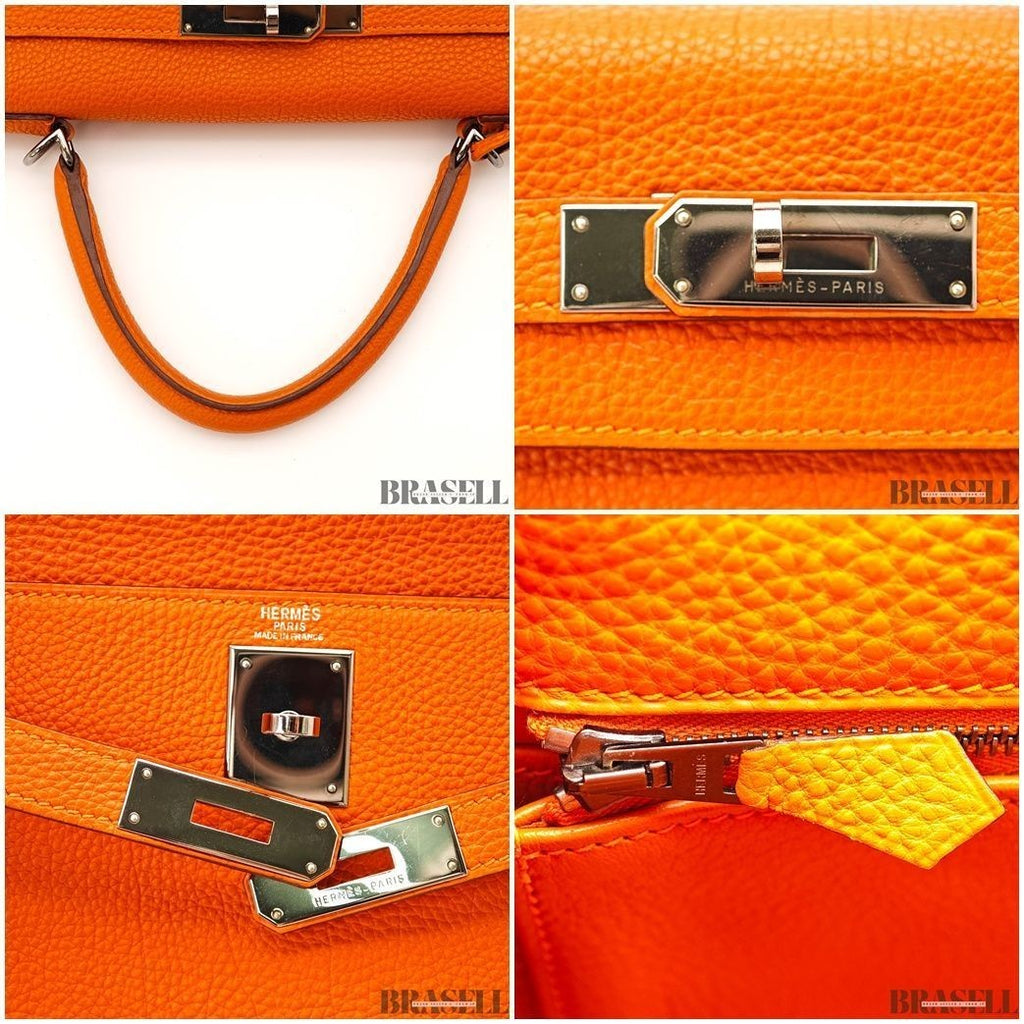 HERMES Kelly 28 Orange Silver Metal Taurillon Clemence 2way Handbag Shoulder Bag