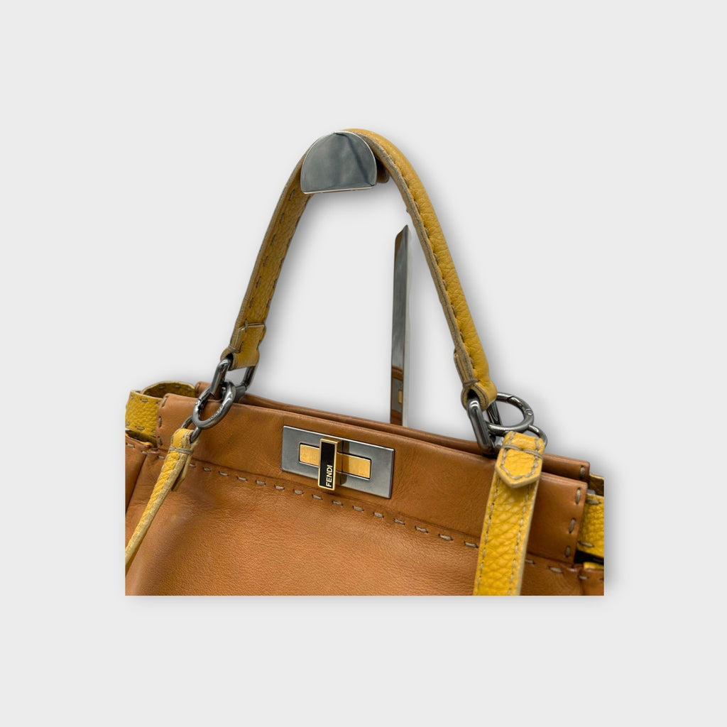Fendi Selleria 2Way Handbag Shoulder Bag Leather Stitch Beige Yellow 【A】