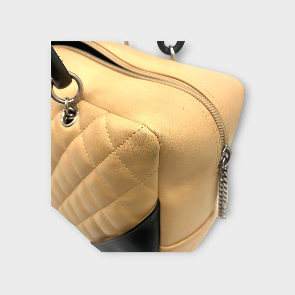 CHANEL A25171 Cambon Line Matelasse Bowling Bag Beige Black Handbag 【B】