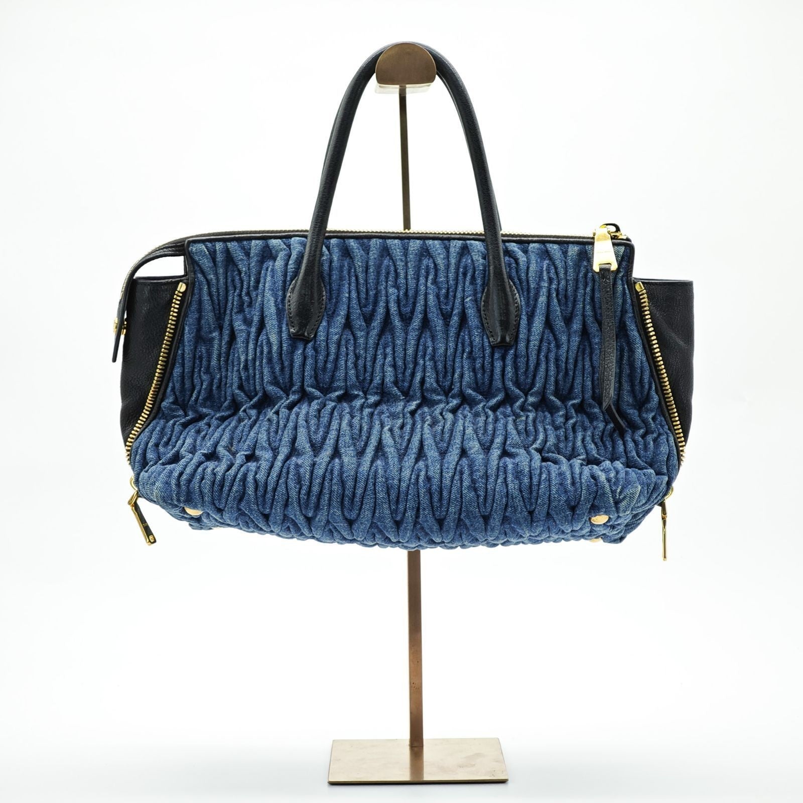 MIUMIU Matelassé Denim Canvas Handbag Horizontal Blue Men & Women