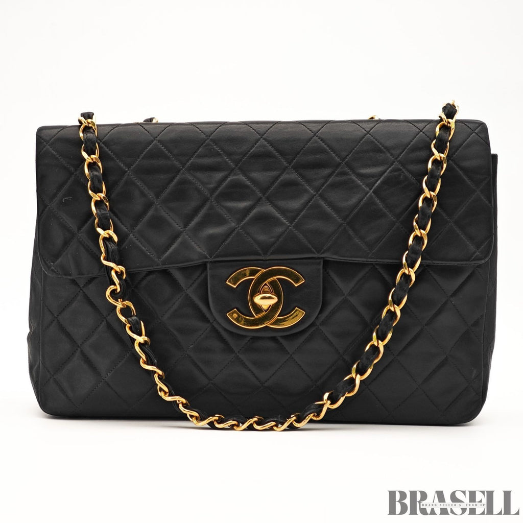 CHANEL Maxi Jumbo Quilted Matelasse Lambskin Flap Bag Handbag Black