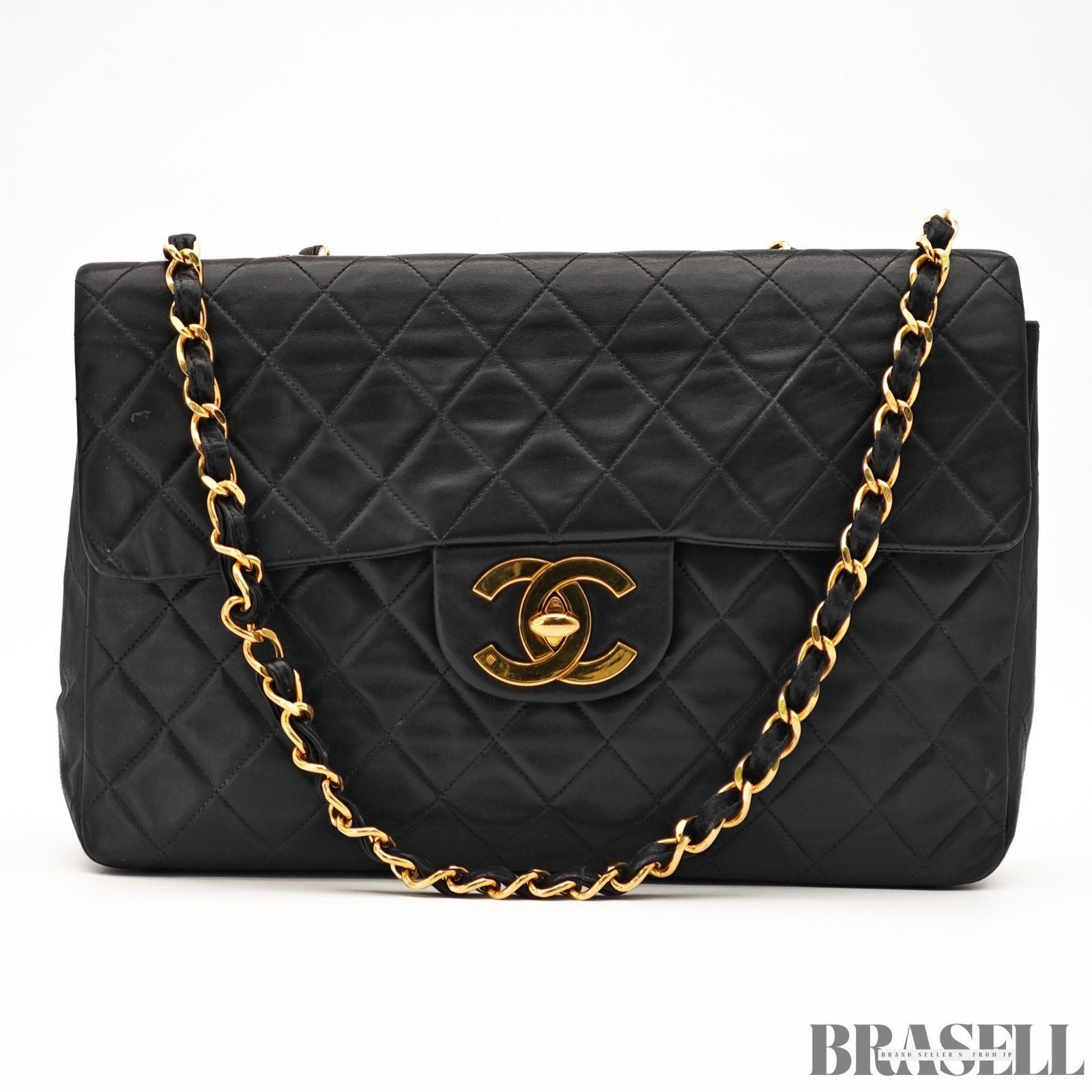 CHANEL Maxi Jumbo Quilted Matelasse Lambskin Flap Bag Handbag Black