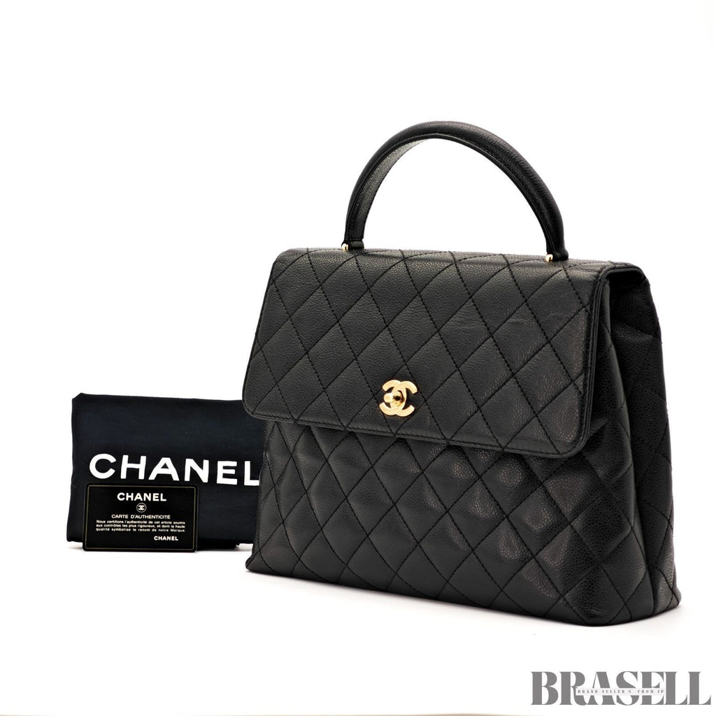CHANEL Top Handle Bag Caviar Leather Handbag Black Women's with Dust Bag Card