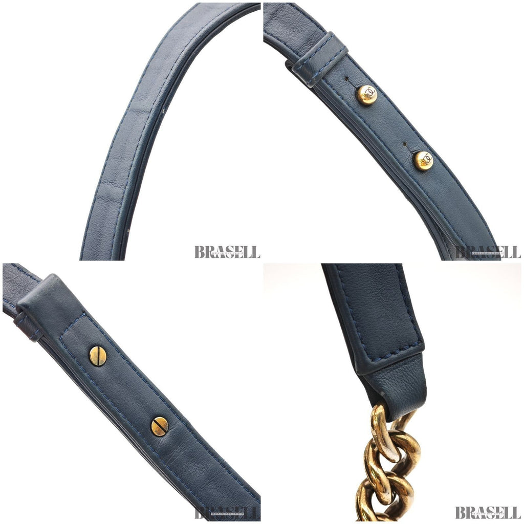 Chanel Boy Chanel Patchwork Chain Shoulder Bag Blue Gold Denim w/Box Dust Bag