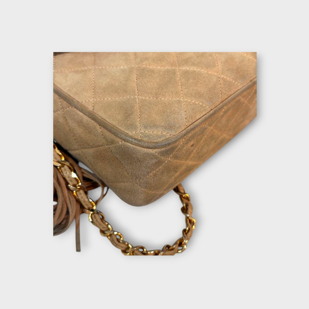 CHANEL Chain Shoulder Bag Matelassé Suede Leather Coco Mark Beige 【B】