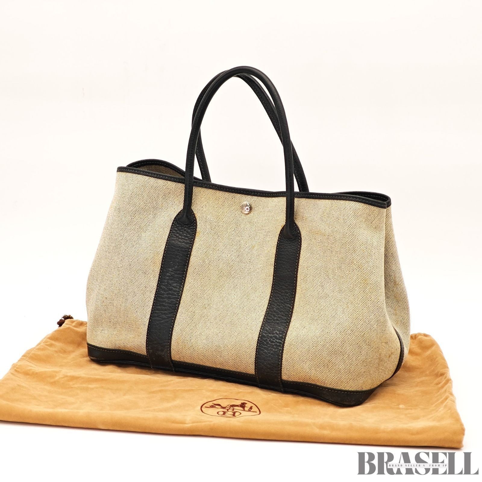 HERMES Garden Party Gray Black Toile Ash Leather Tote Bag Handbag D□C