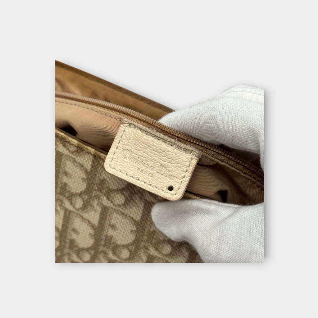 Dior Trotter Flower Embroidery Shoulder Bag CD Hardware Canvas Leather Beige 【B】