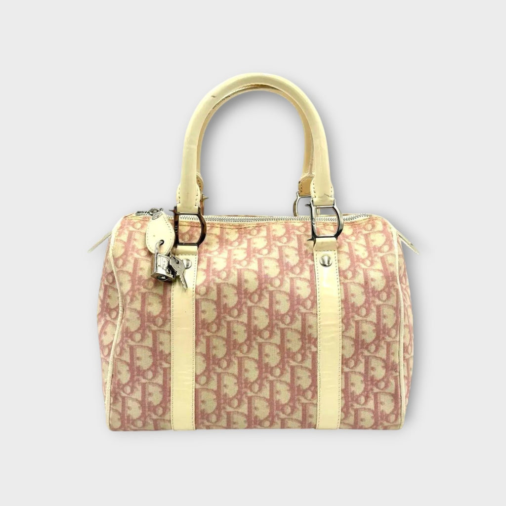 Christian Dior Trotter Pattern Mini Boston Bag Tote Bag Leather PVC Pink 【A】