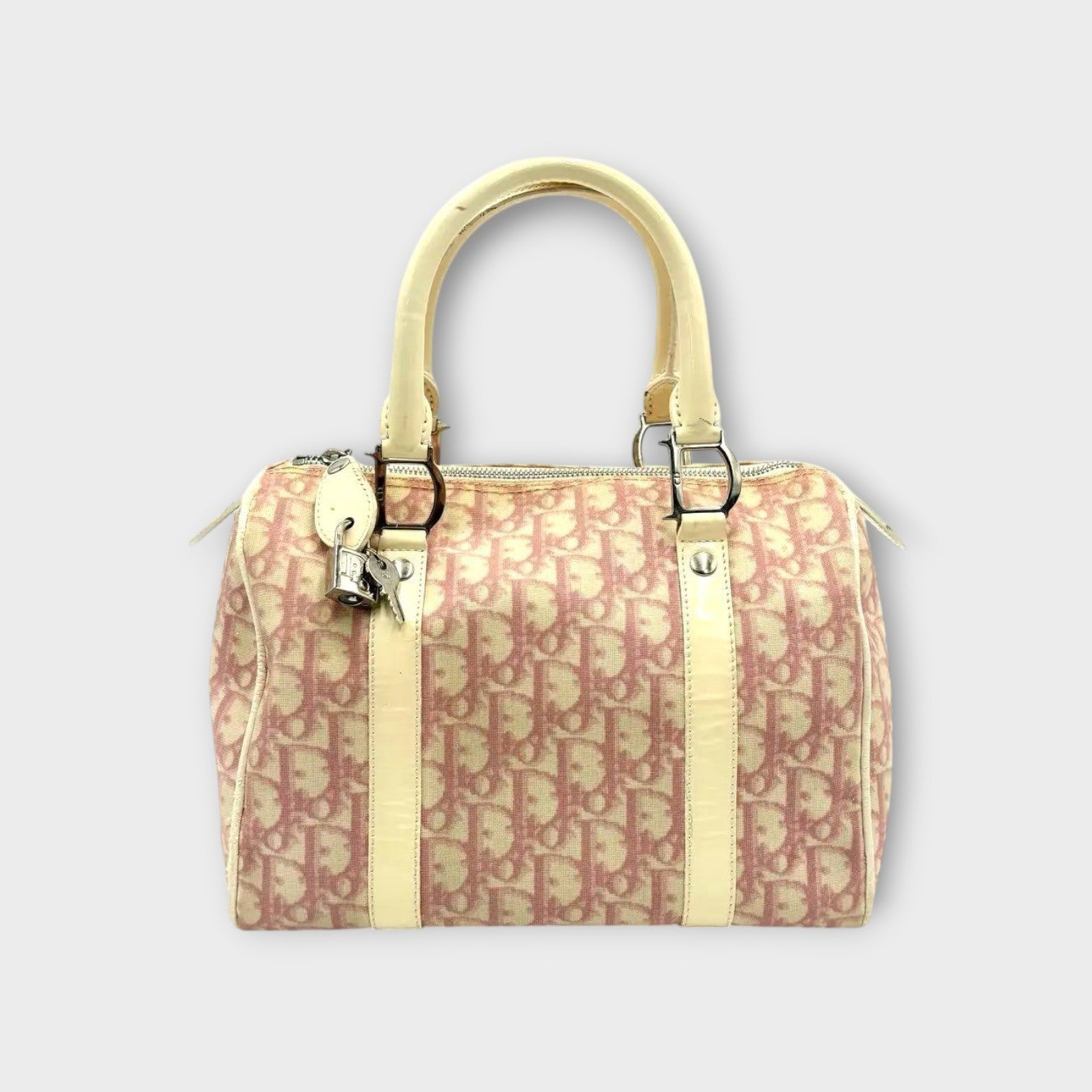 Christian Dior Trotter Pattern Mini Boston Bag Tote Bag Leather PVC Pink 【A】