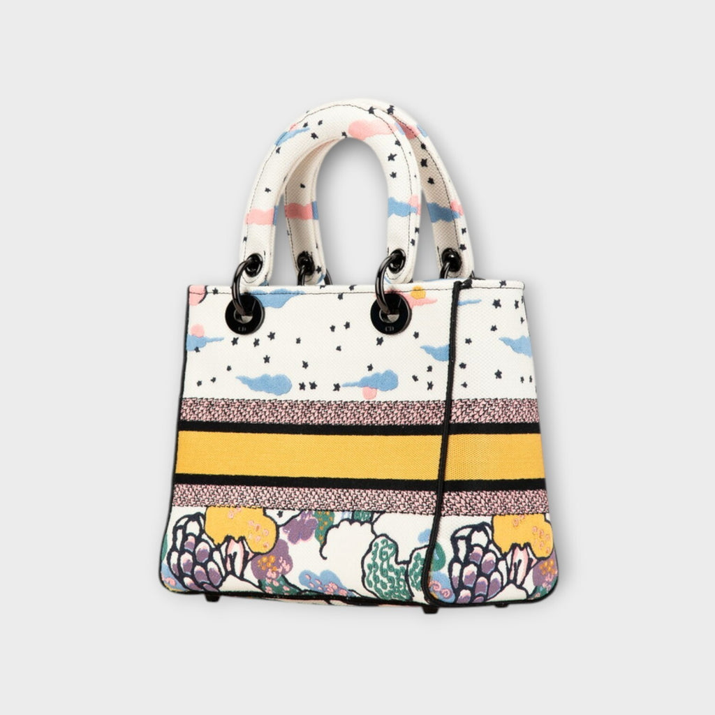 Dior Lady D-Lite Medium Handbag Shoulder Bag 2Way White Multicolor Canvas 【A】