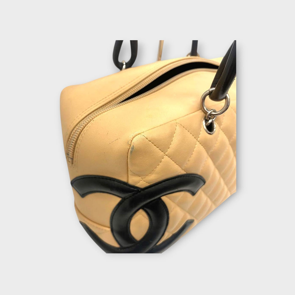 CHANEL A25171 Cambon Line Matelasse Bowling Bag Beige Black Handbag 【B】