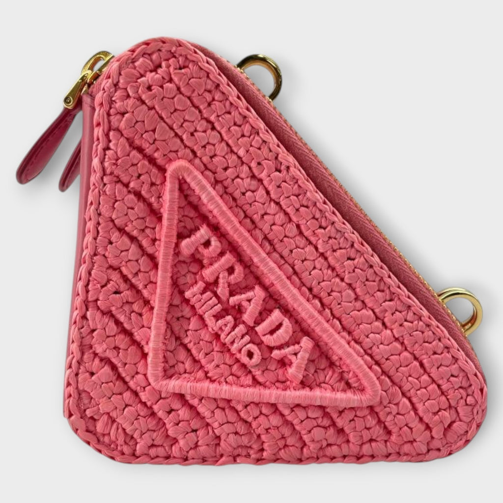 PRADA Triangle Shoulder 1NR015 Pink Gold Hardware Leather/Raffia Shoulder Bag
