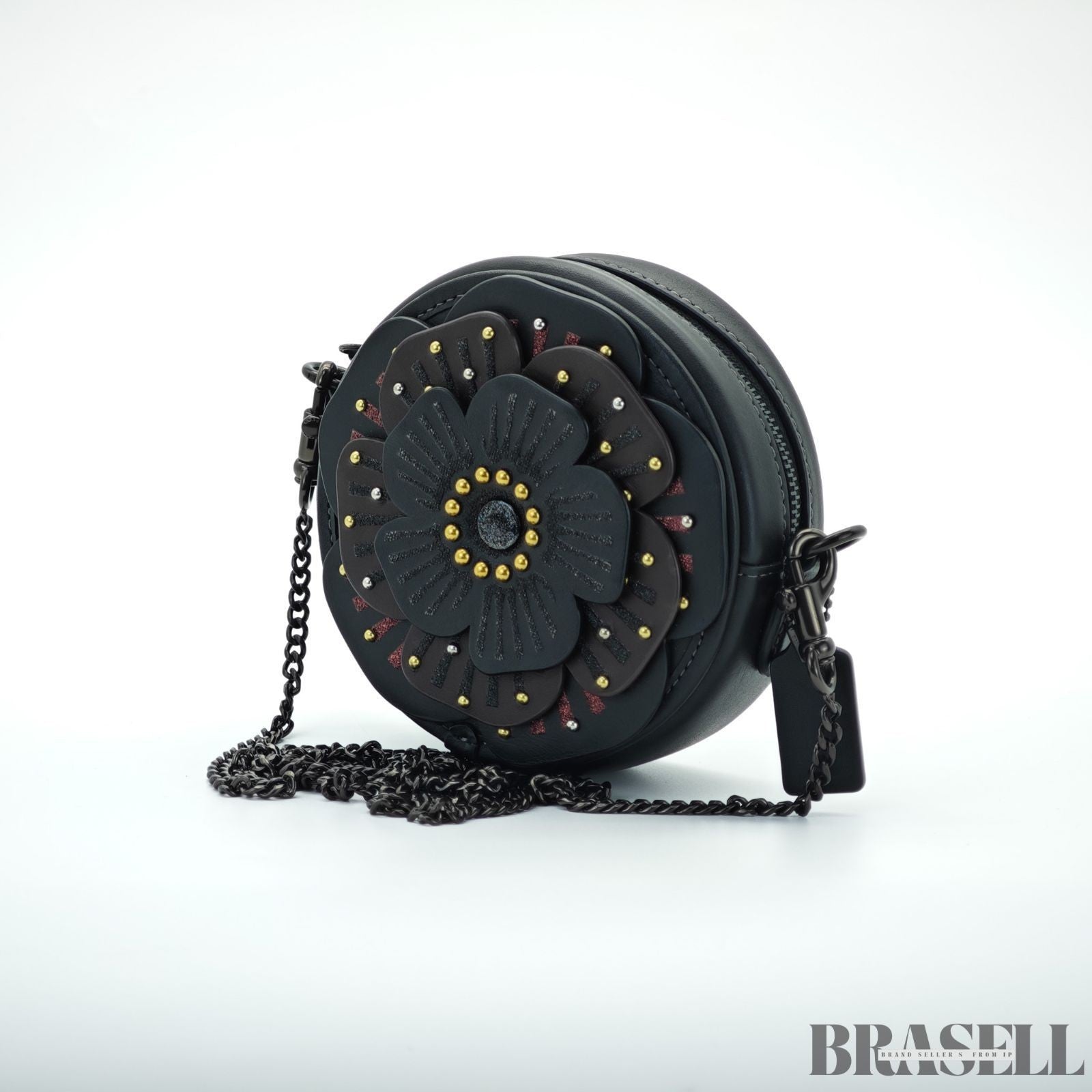 COACH Tea Rose Crossbody Bag CE782 Flower Round Shoulder Bag Black Women’s