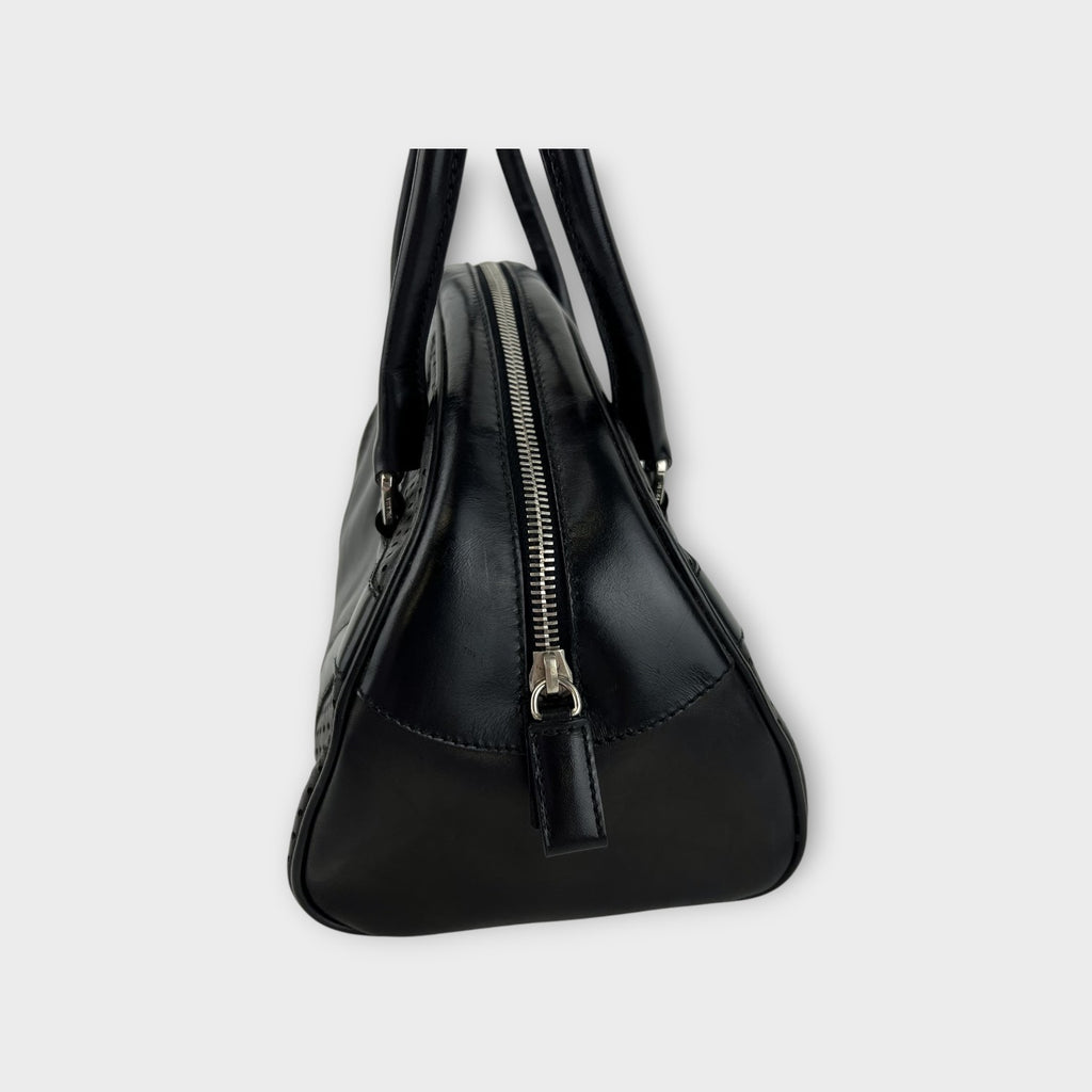Prada Handbag Bowling Bag Black Leather Vintage Silver Hardware 【B】