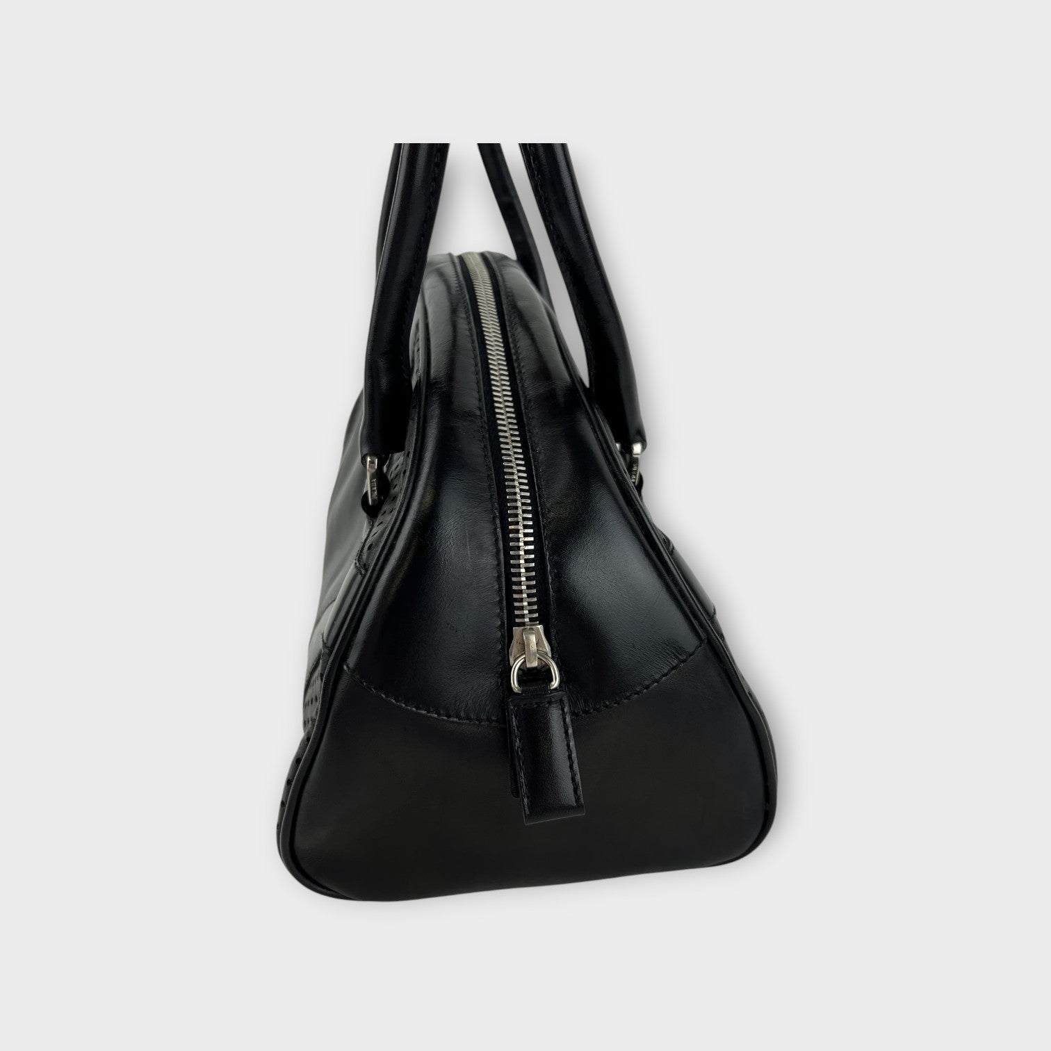 Prada Handbag Bowling Bag Black Leather Vintage Silver Hardware 【B】