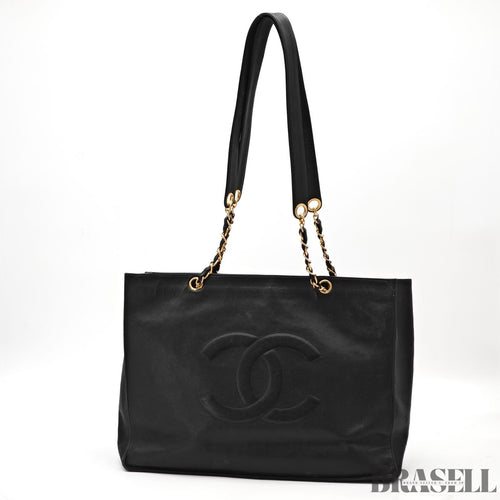 CHANEL Lambskin Chain Tote Bag Large CC Logo Chain Shoulder Business Tote Black