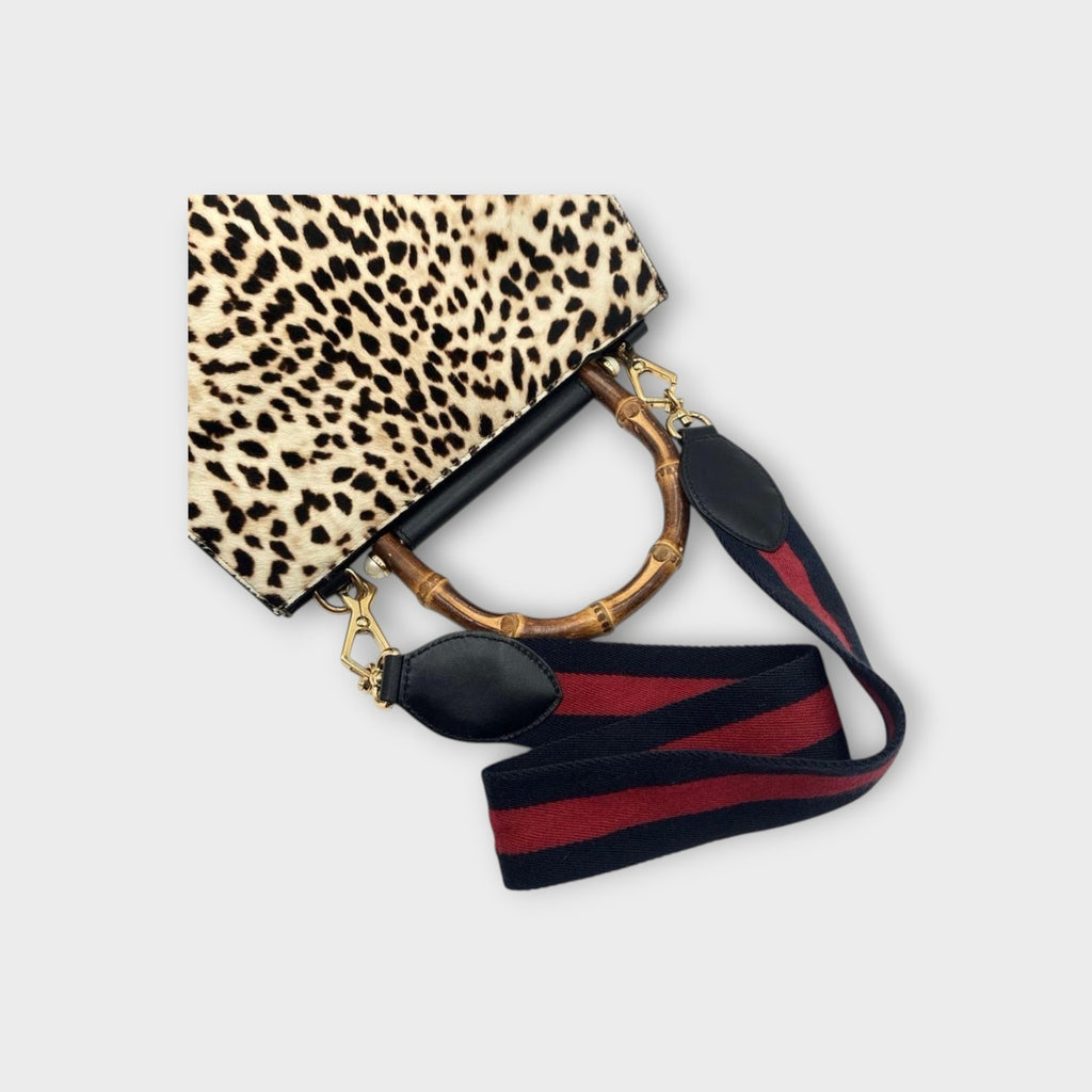 Gucci Nymphaea Bamboo Leopard 2WAY Handbag 459076 Beige Black Haircalf Leathe【A】