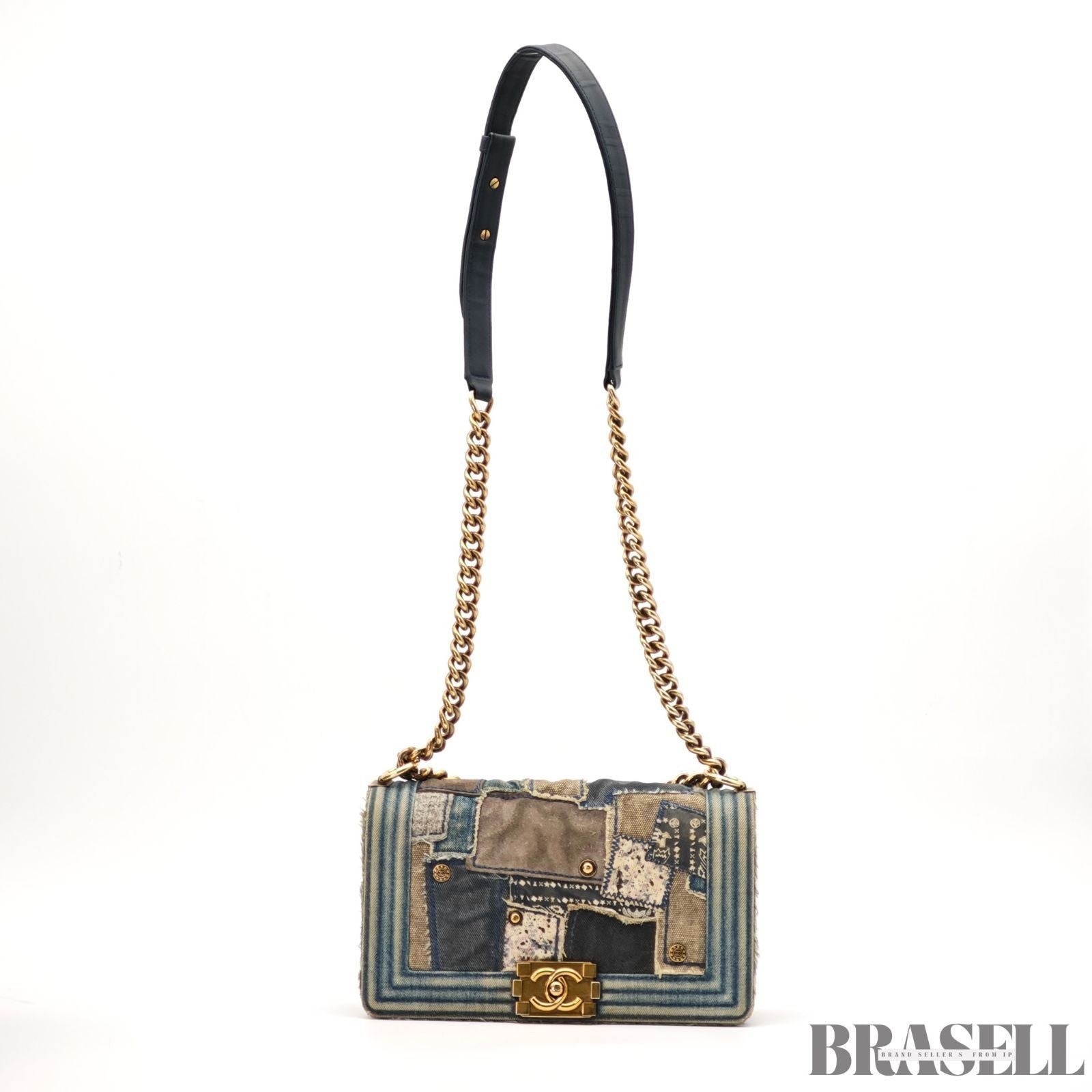 Chanel Boy Chanel Patchwork Chain Shoulder Bag Blue Gold Denim w/Box Dust Bag