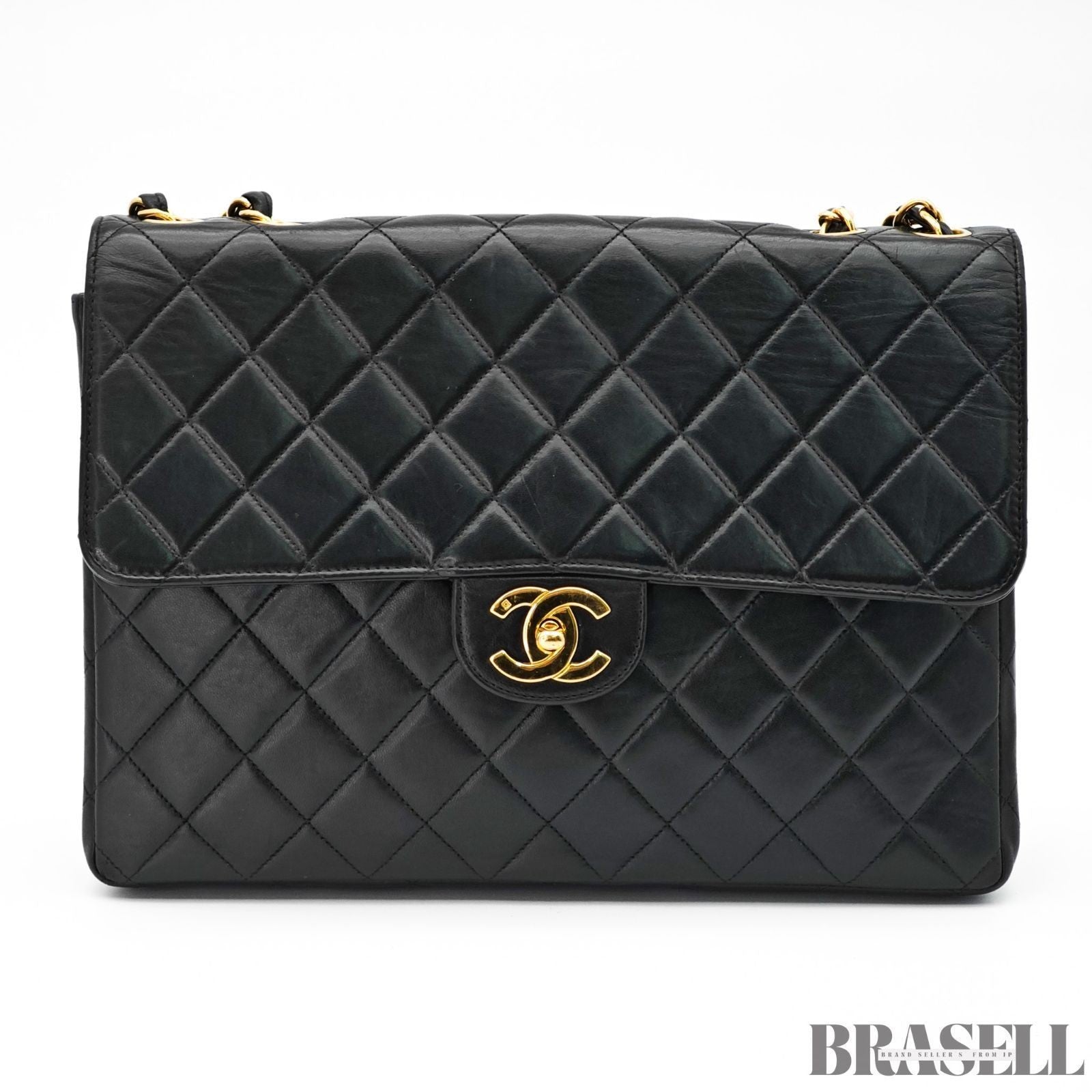 CHANEL Matelasse 30 Flap Chain Shoulder Bag Lamb Skin Black Gold CC Auth