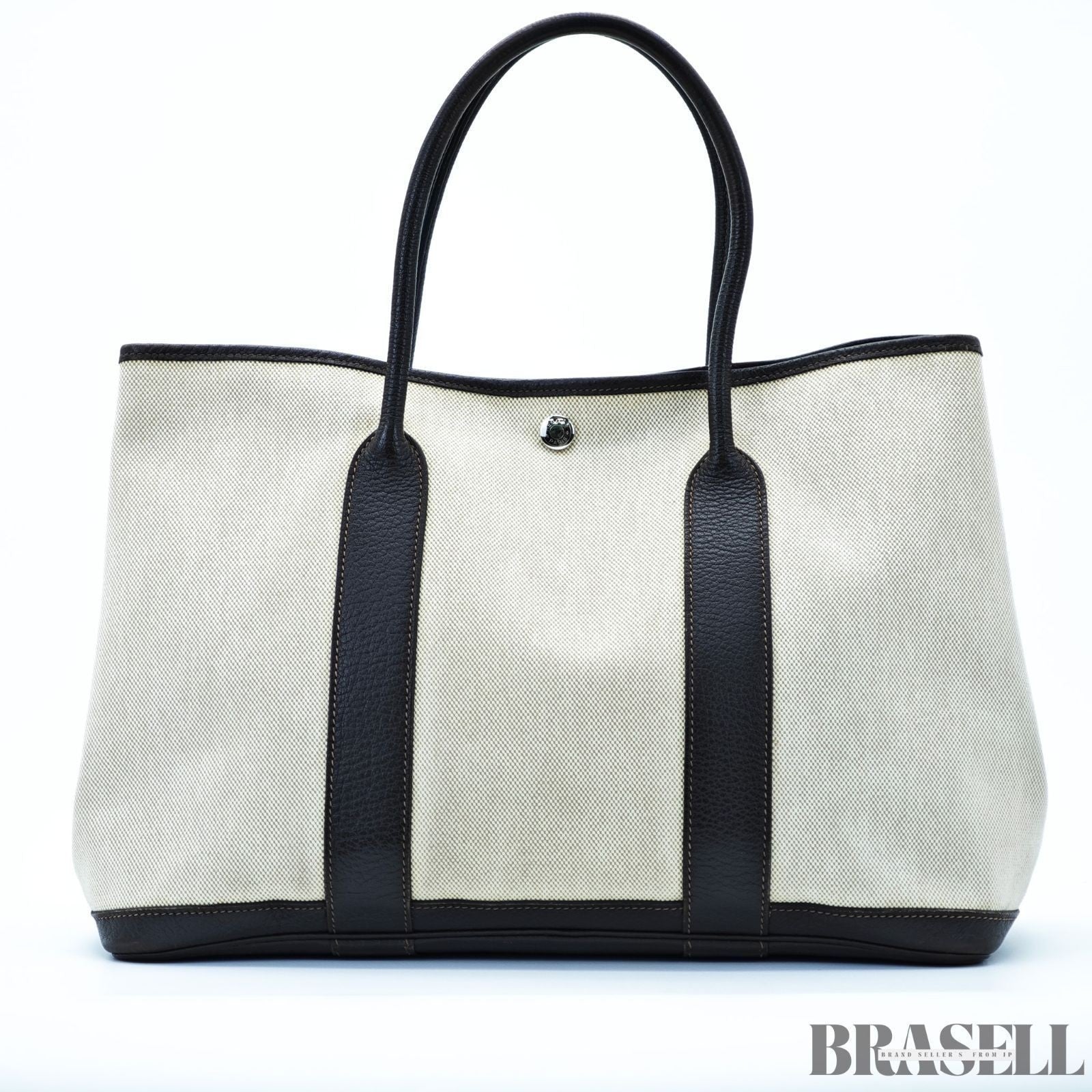 Borsa tote HERMES Garden Party PM beige marrone scuro tela pelle donna