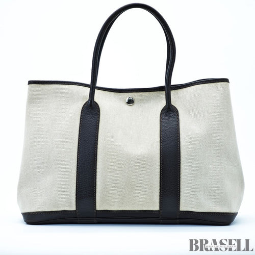 Borsa tote HERMES Garden Party PM beige marrone scuro tela pelle donna