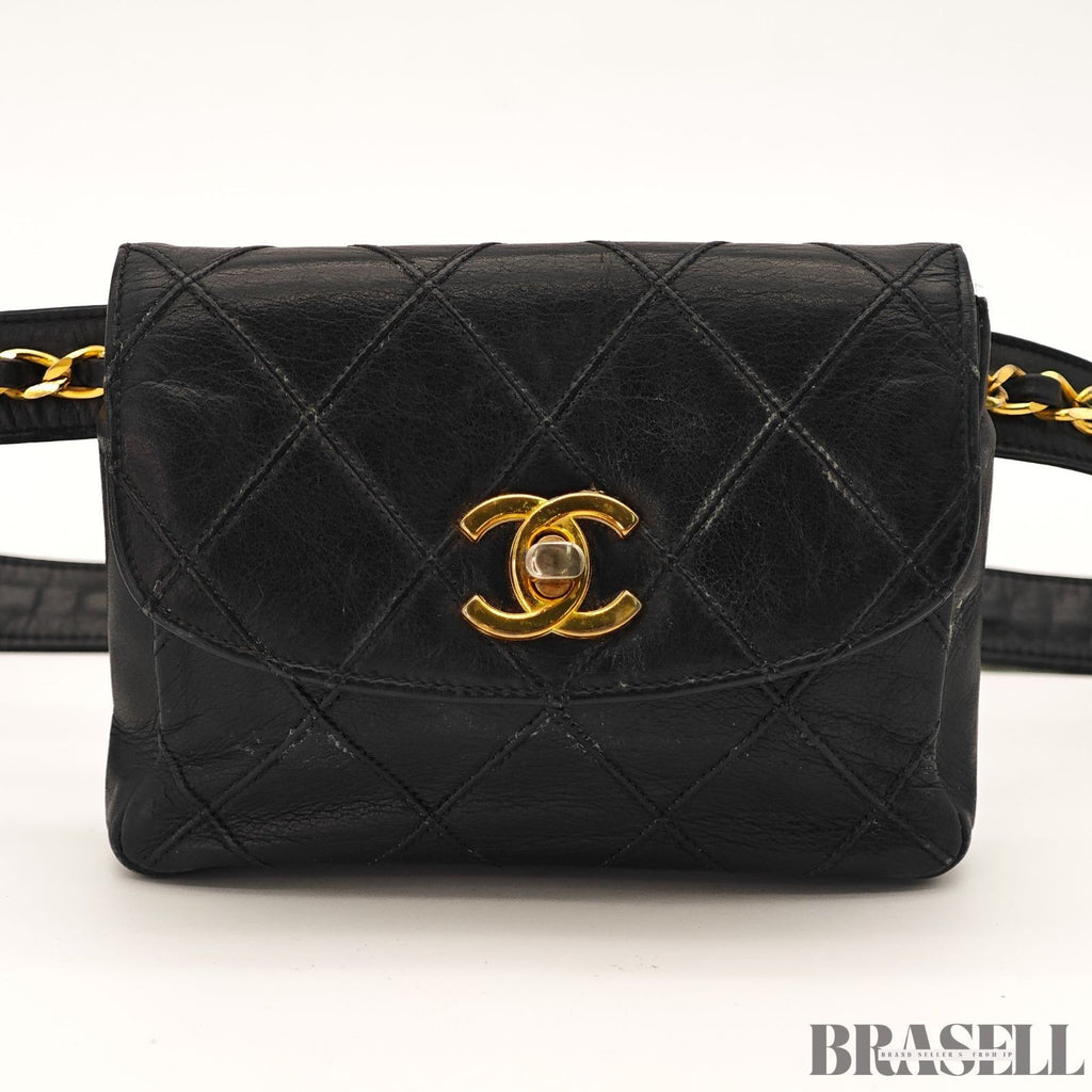 CHANEL Belt Bag Black Leather Gold Turnlock CC Logo Chain Waist Pouch Quilting