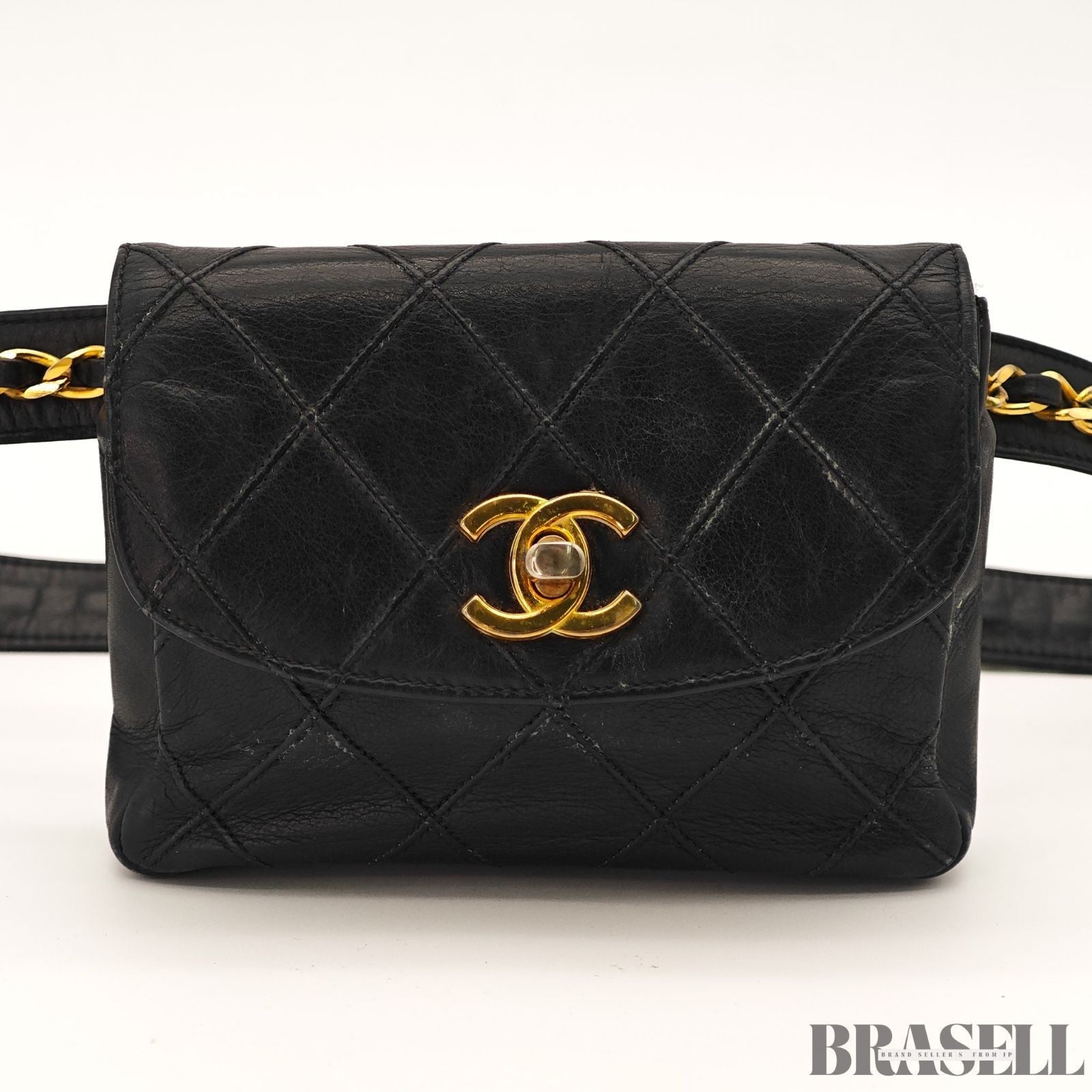 CHANEL Belt Bag Black Leather Gold Turnlock CC Logo Chain Waist Pouch Quilting
