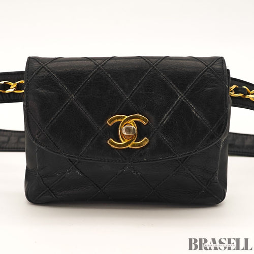 CHANEL Belt Bag Black Leather Gold Turnlock CC Logo Chain Waist Pouch Quilting